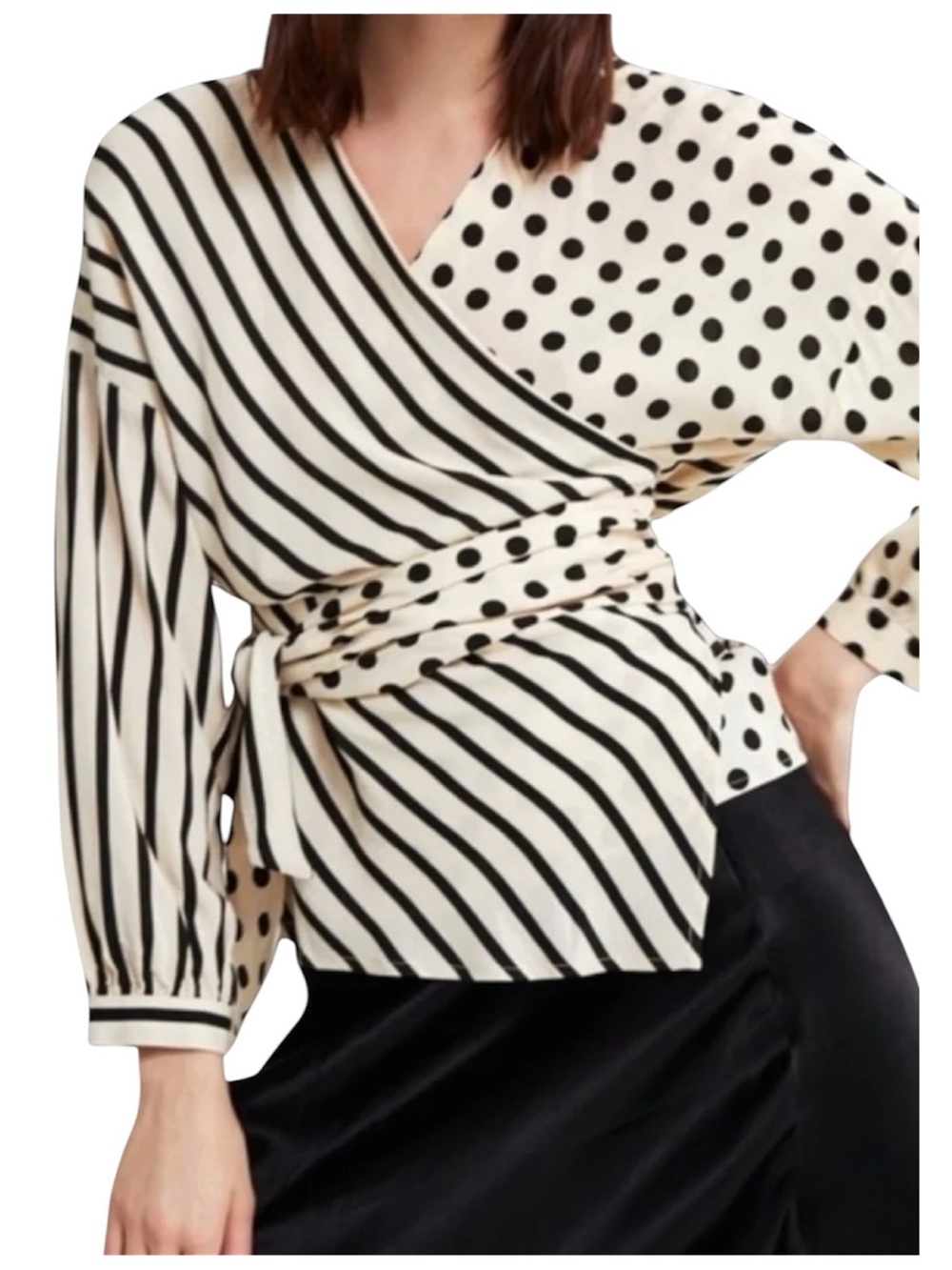 Zara Black Cream Polka Dot Striped Wrap Blouse Medium